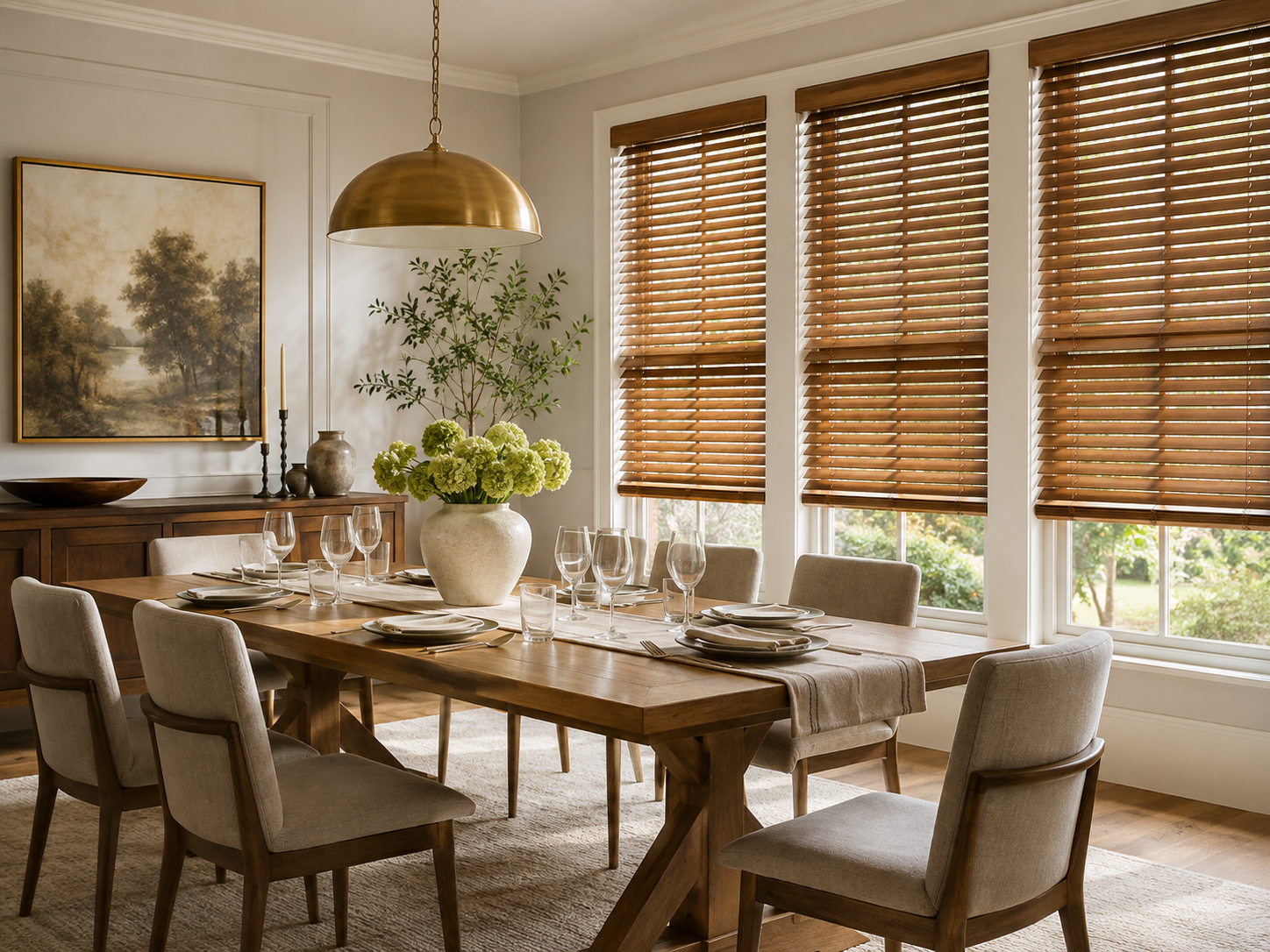 Wood blinds in an elegant dining room